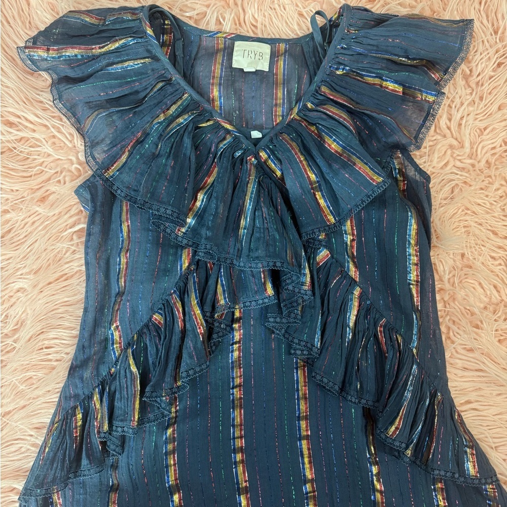 TRYB Metallic Blue Ruffle Dress - Picture 3 of 10